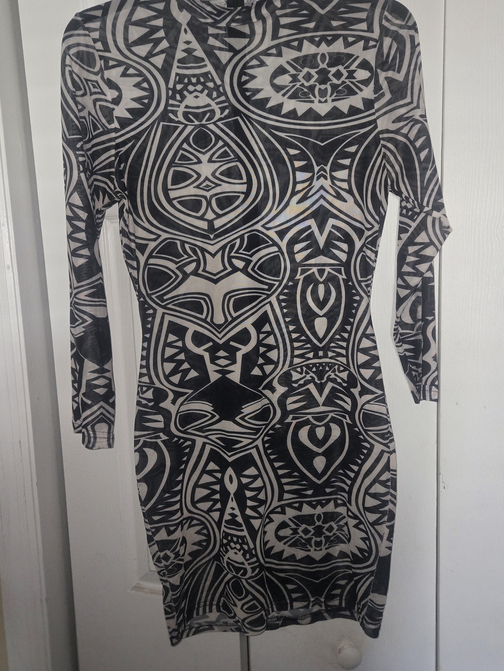 Black & White Geometric Sheer Bodycon Dress - Women